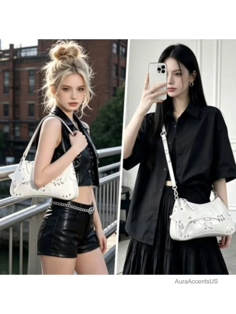 Vintage Punk Faux Leather Hobo Bag Y2K Shoulder Bag